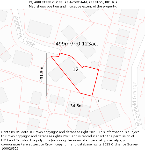 12, APPLETREE CLOSE, PENWORTHAM, PRESTON, PR1 9LP: Plot and title map