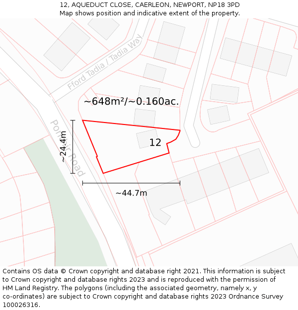12, AQUEDUCT CLOSE, CAERLEON, NEWPORT, NP18 3PD: Plot and title map