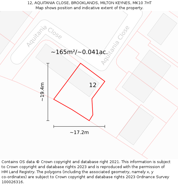 12, AQUITANIA CLOSE, BROOKLANDS, MILTON KEYNES, MK10 7HT: Plot and title map