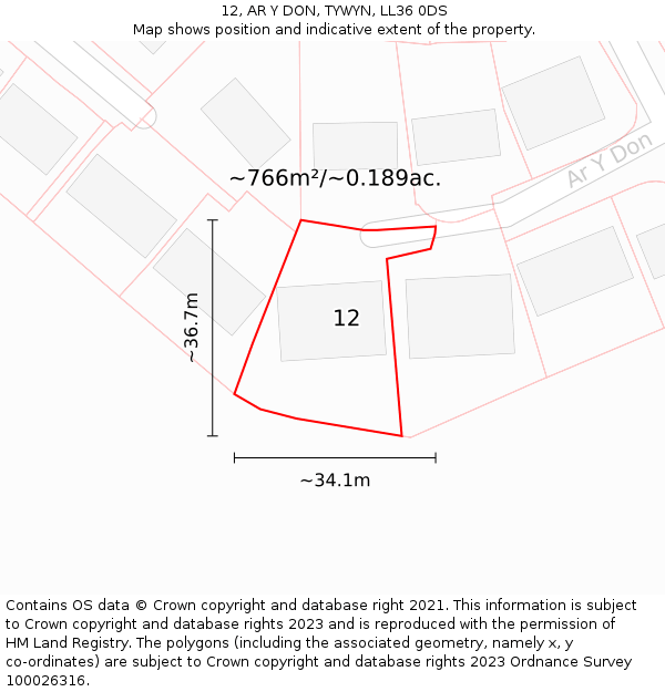 12, AR Y DON, TYWYN, LL36 0DS: Plot and title map
