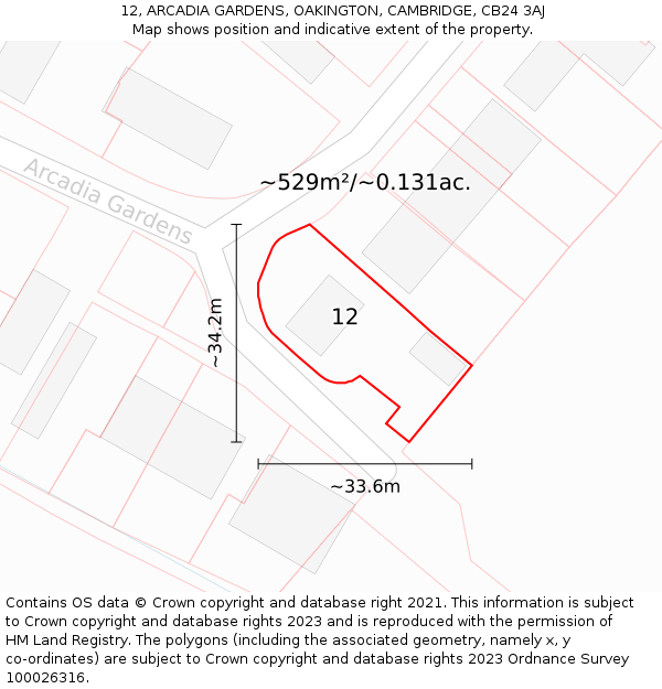 12, ARCADIA GARDENS, OAKINGTON, CAMBRIDGE, CB24 3AJ: Plot and title map