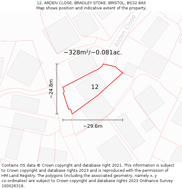 12, ARDEN CLOSE, BRADLEY STOKE, BRISTOL, BS32 8AX: Plot and title map