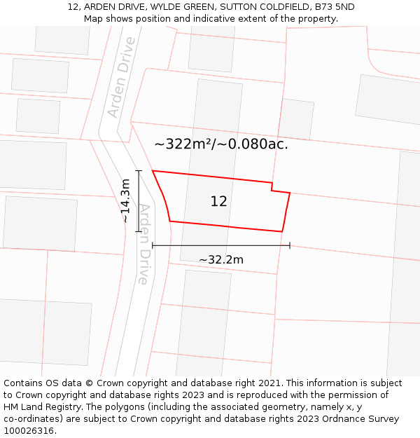 12, ARDEN DRIVE, WYLDE GREEN, SUTTON COLDFIELD, B73 5ND: Plot and title map
