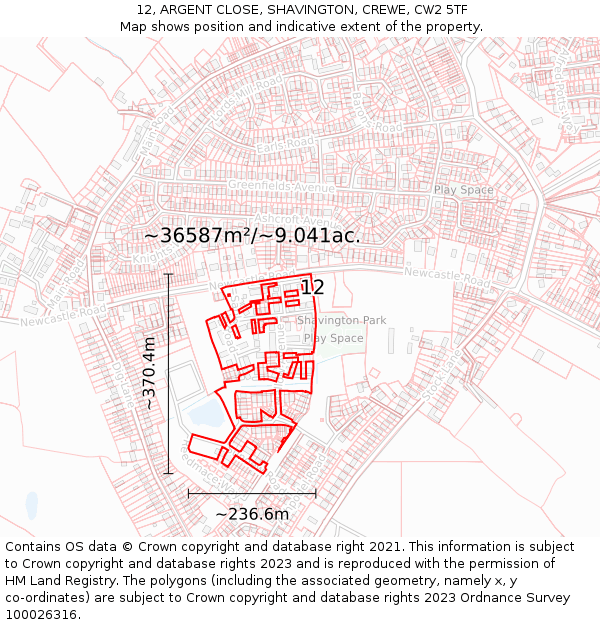 12, ARGENT CLOSE, SHAVINGTON, CREWE, CW2 5TF: Plot and title map