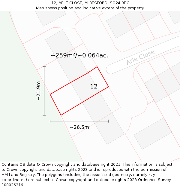 12, ARLE CLOSE, ALRESFORD, SO24 9BG: Plot and title map