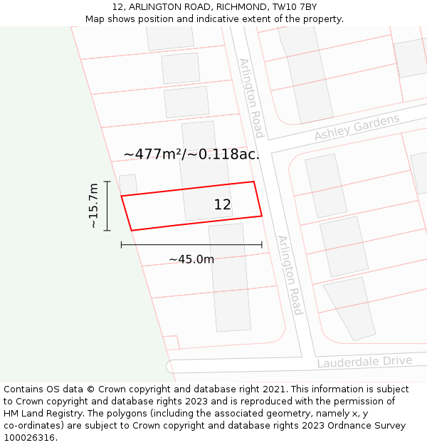12, ARLINGTON ROAD, RICHMOND, TW10 7BY: Plot and title map