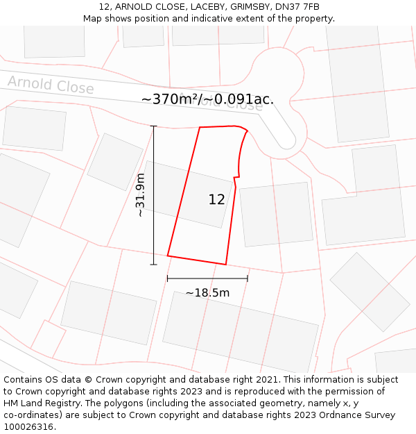 12, ARNOLD CLOSE, LACEBY, GRIMSBY, DN37 7FB: Plot and title map