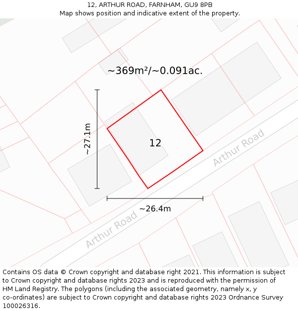 12, ARTHUR ROAD, FARNHAM, GU9 8PB: Plot and title map