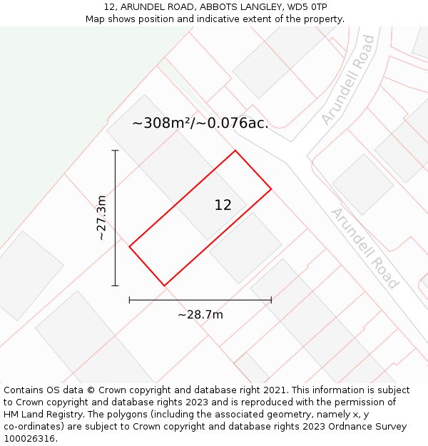 12, ARUNDEL ROAD, ABBOTS LANGLEY, WD5 0TP: Plot and title map