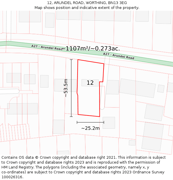 12, ARUNDEL ROAD, WORTHING, BN13 3EG: Plot and title map