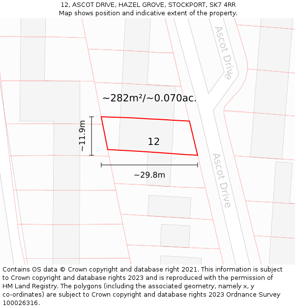 12, ASCOT DRIVE, HAZEL GROVE, STOCKPORT, SK7 4RR: Plot and title map