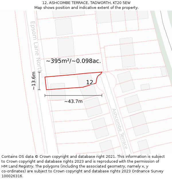 12, ASHCOMBE TERRACE, TADWORTH, KT20 5EW: Plot and title map