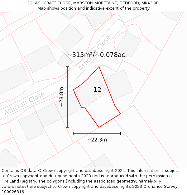 12, ASHCRAFT CLOSE, MARSTON MORETAINE, BEDFORD, MK43 0FL: Plot and title map