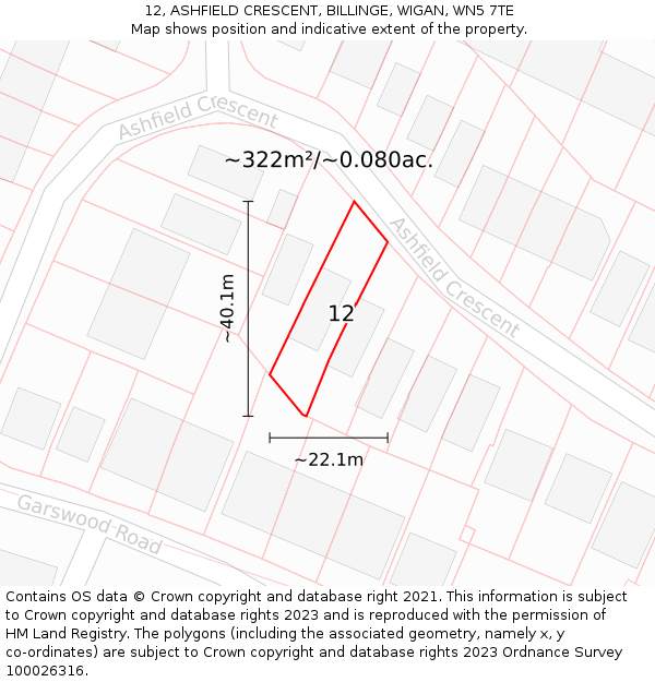 12, ASHFIELD CRESCENT, BILLINGE, WIGAN, WN5 7TE: Plot and title map