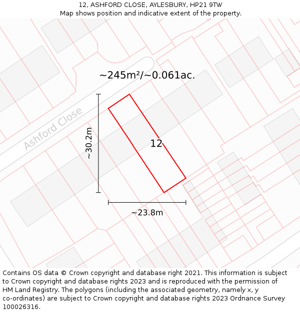 12, ASHFORD CLOSE, AYLESBURY, HP21 9TW: Plot and title map