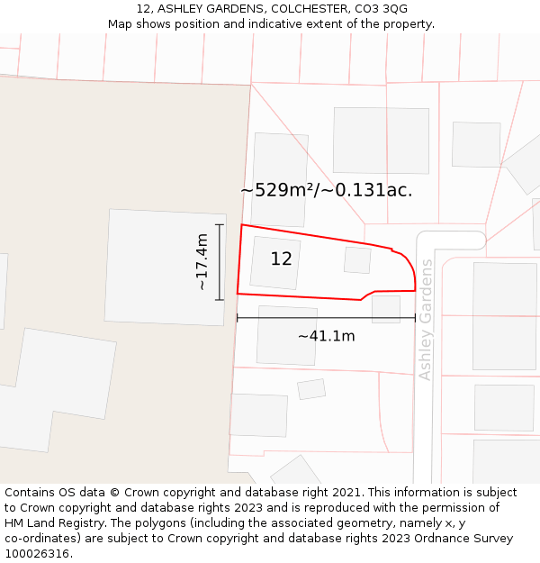 12, ASHLEY GARDENS, COLCHESTER, CO3 3QG: Plot and title map