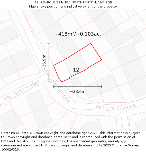 12, ASHPOLE SPINNEY, NORTHAMPTON, NN4 9QB: Plot and title map