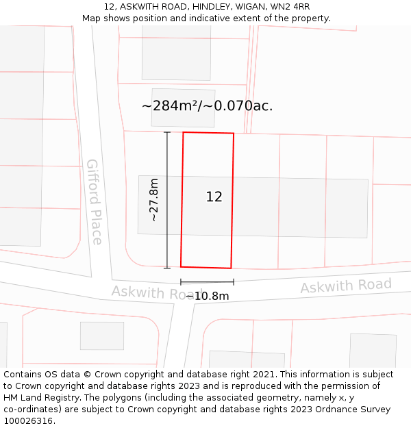 12, ASKWITH ROAD, HINDLEY, WIGAN, WN2 4RR: Plot and title map