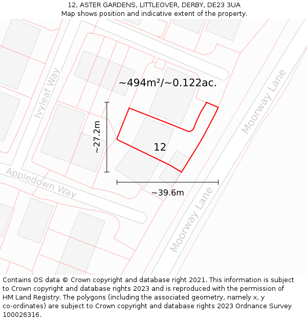 12, ASTER GARDENS, LITTLEOVER, DERBY, DE23 3UA: Plot and title map