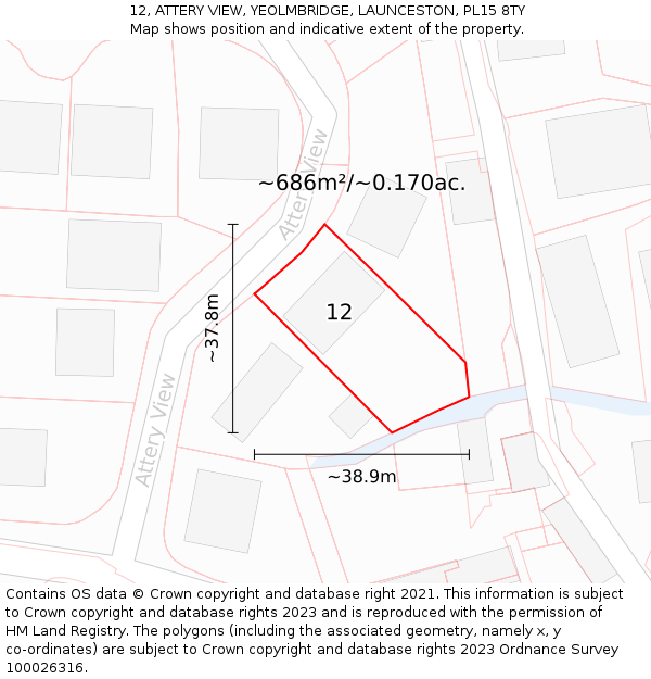 12, ATTERY VIEW, YEOLMBRIDGE, LAUNCESTON, PL15 8TY: Plot and title map