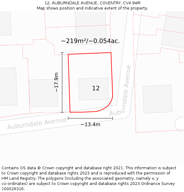 12, AUBURNDALE AVENUE, COVENTRY, CV4 9WR: Plot and title map