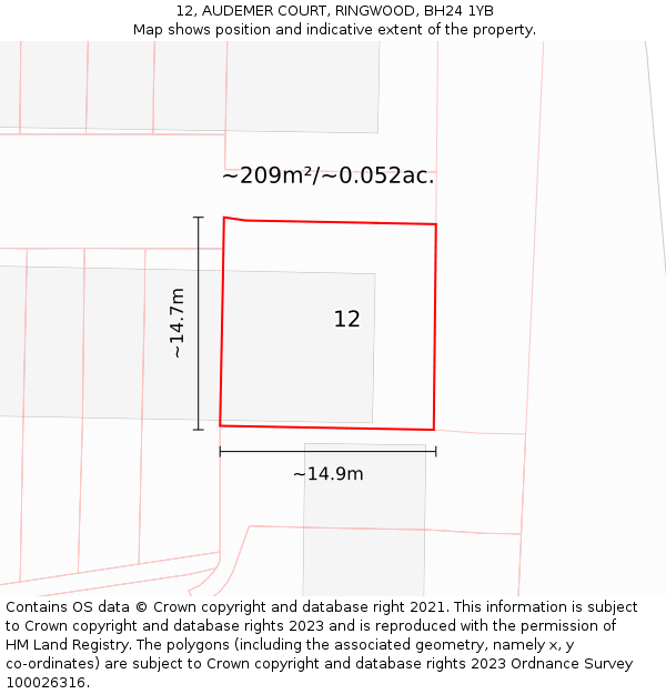 12, AUDEMER COURT, RINGWOOD, BH24 1YB: Plot and title map