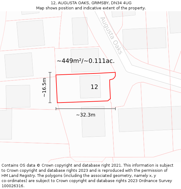 12, AUGUSTA OAKS, GRIMSBY, DN34 4UG: Plot and title map