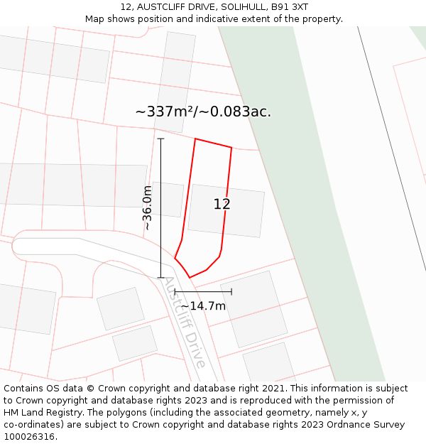12, AUSTCLIFF DRIVE, SOLIHULL, B91 3XT: Plot and title map