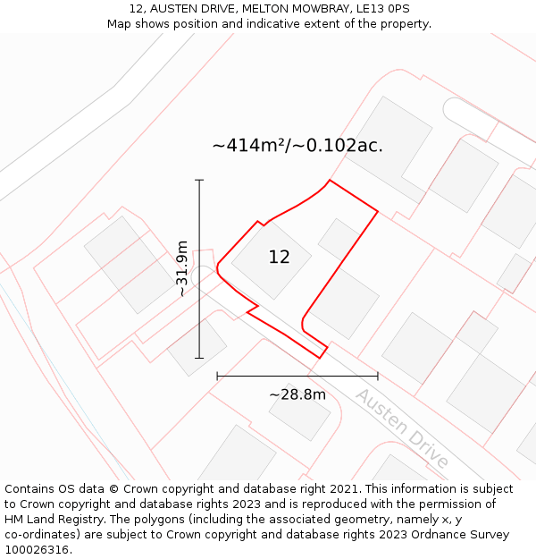 12, AUSTEN DRIVE, MELTON MOWBRAY, LE13 0PS: Plot and title map