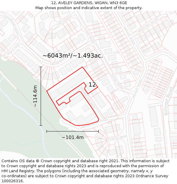 12, AVELEY GARDENS, WIGAN, WN3 6GE: Plot and title map