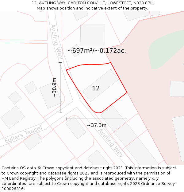 12, AVELING WAY, CARLTON COLVILLE, LOWESTOFT, NR33 8BU: Plot and title map