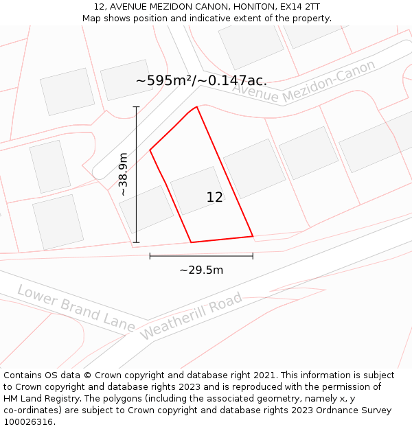 12, AVENUE MEZIDON CANON, HONITON, EX14 2TT: Plot and title map