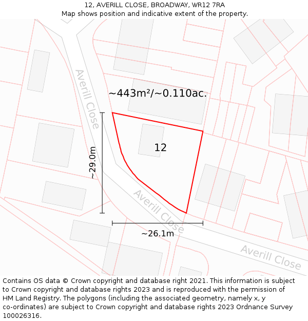12, AVERILL CLOSE, BROADWAY, WR12 7RA: Plot and title map