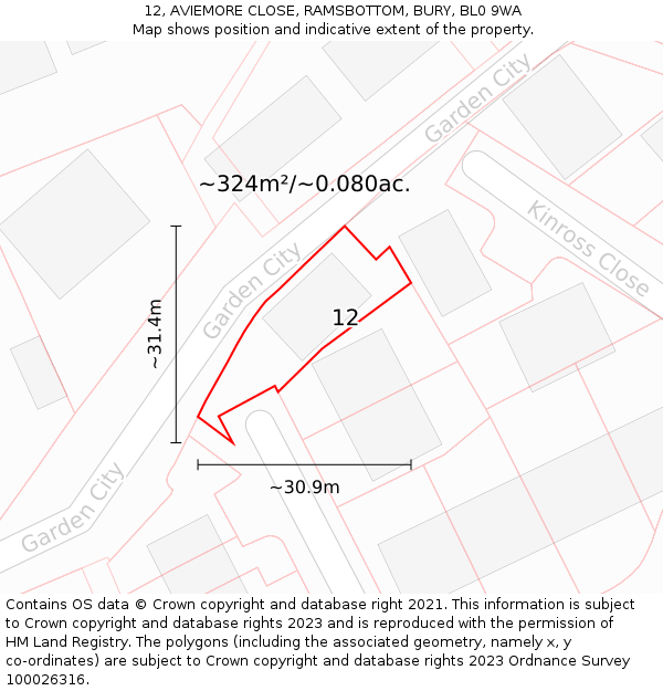12, AVIEMORE CLOSE, RAMSBOTTOM, BURY, BL0 9WA: Plot and title map