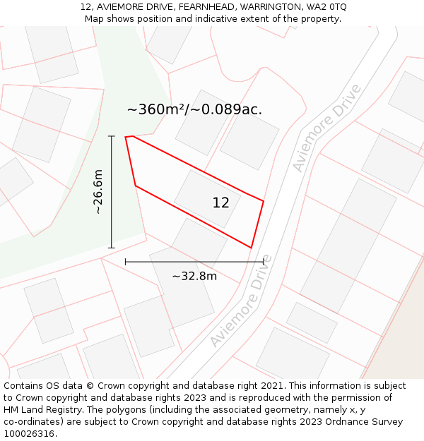 12, AVIEMORE DRIVE, FEARNHEAD, WARRINGTON, WA2 0TQ: Plot and title map