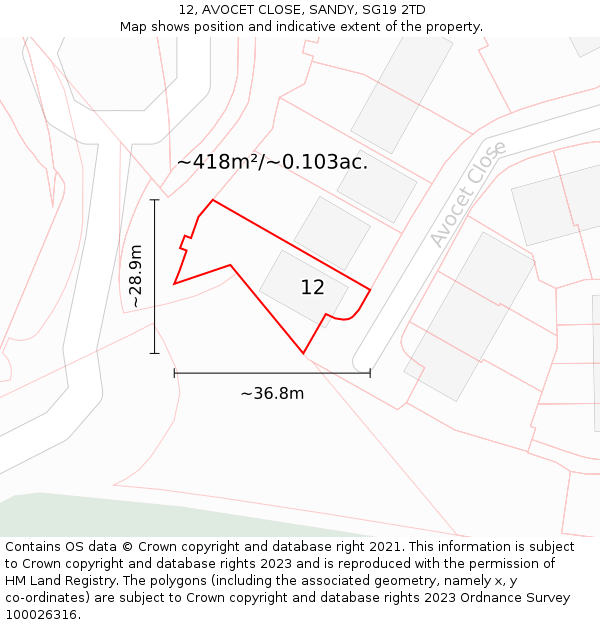 12, AVOCET CLOSE, SANDY, SG19 2TD: Plot and title map