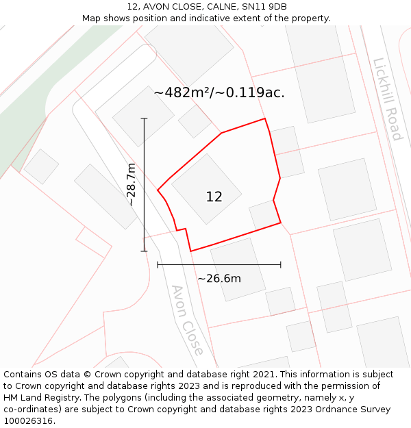 12, AVON CLOSE, CALNE, SN11 9DB: Plot and title map