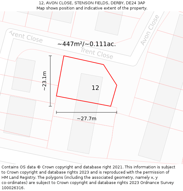 12, AVON CLOSE, STENSON FIELDS, DERBY, DE24 3AP: Plot and title map