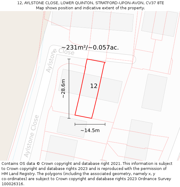12, AYLSTONE CLOSE, LOWER QUINTON, STRATFORD-UPON-AVON, CV37 8TE: Plot and title map