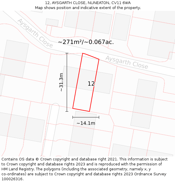 12, AYSGARTH CLOSE, NUNEATON, CV11 6WA: Plot and title map
