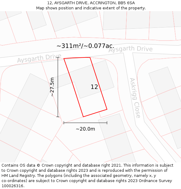 12, AYSGARTH DRIVE, ACCRINGTON, BB5 6SA: Plot and title map