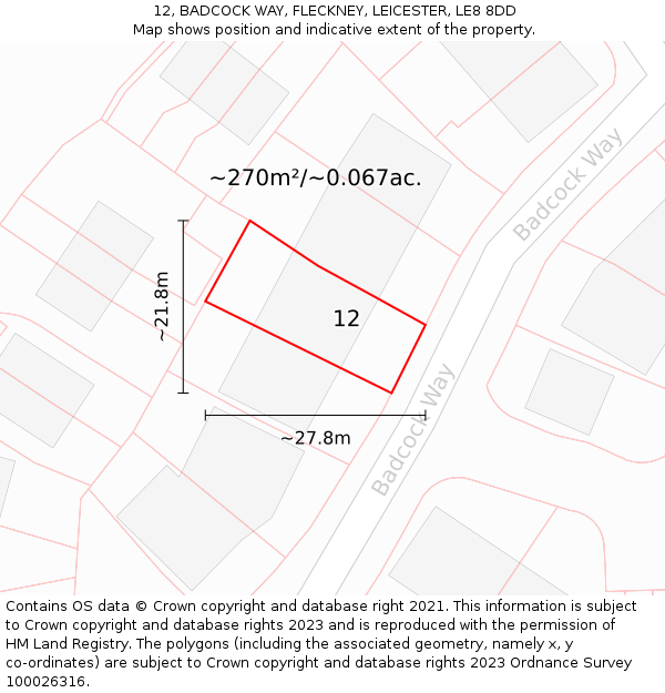 12, BADCOCK WAY, FLECKNEY, LEICESTER, LE8 8DD: Plot and title map