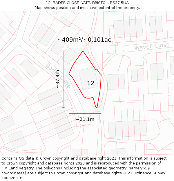 12, BADER CLOSE, YATE, BRISTOL, BS37 5UA: Plot and title map