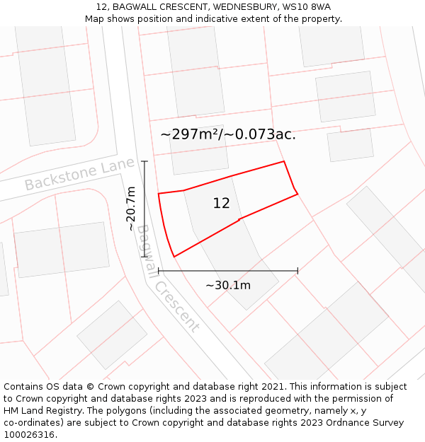 12, BAGWALL CRESCENT, WEDNESBURY, WS10 8WA: Plot and title map
