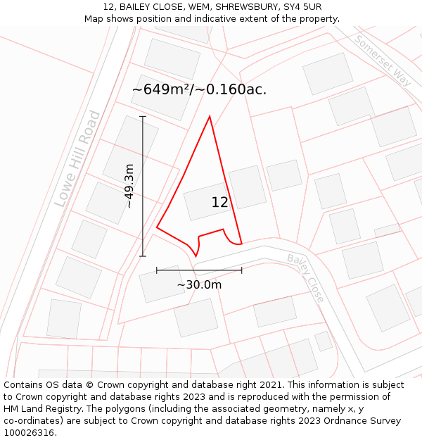 12, BAILEY CLOSE, WEM, SHREWSBURY, SY4 5UR: Plot and title map
