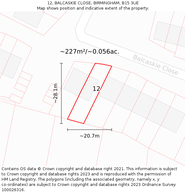 12, BALCASKIE CLOSE, BIRMINGHAM, B15 3UE: Plot and title map
