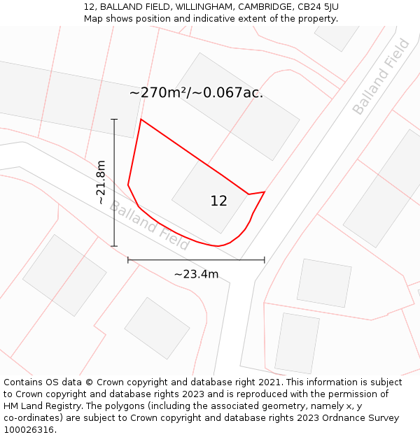 12, BALLAND FIELD, WILLINGHAM, CAMBRIDGE, CB24 5JU: Plot and title map