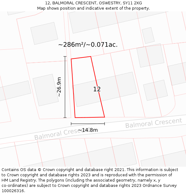 12, BALMORAL CRESCENT, OSWESTRY, SY11 2XG: Plot and title map