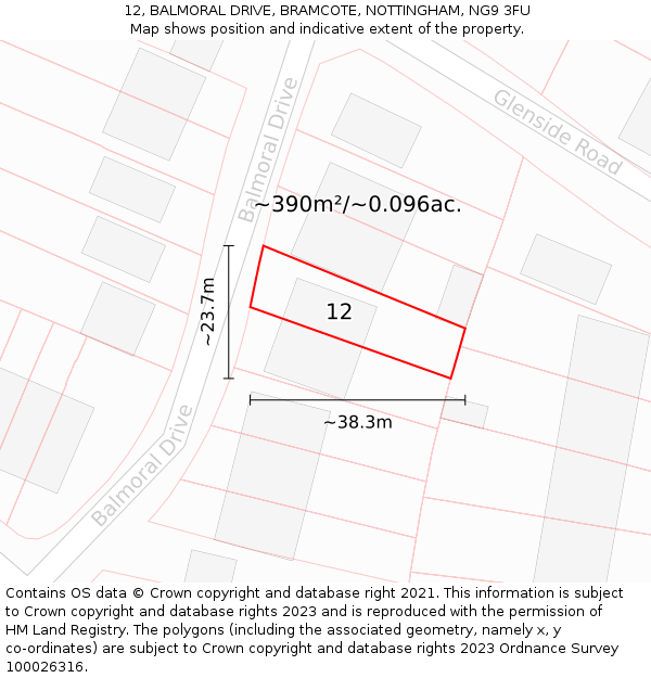 12, BALMORAL DRIVE, BRAMCOTE, NOTTINGHAM, NG9 3FU: Plot and title map