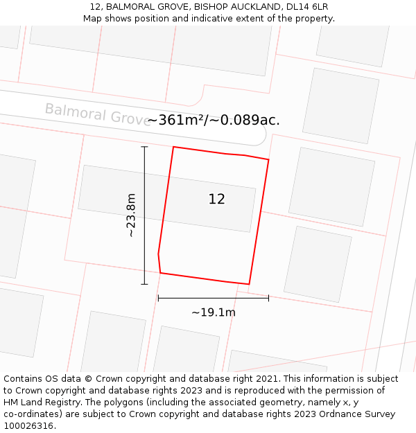 12, BALMORAL GROVE, BISHOP AUCKLAND, DL14 6LR: Plot and title map